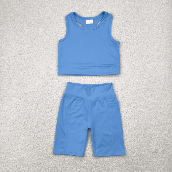 Solid Blue Athletic Girls Shorts Sets