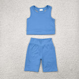 Solid Blue Athletic Girls Shorts Sets