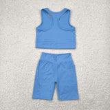 Solid Blue Athletic Girls Shorts Sets