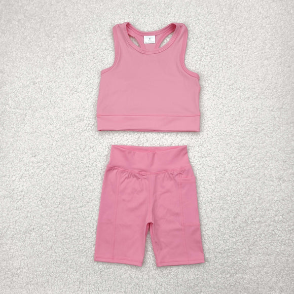 Solid Pink Athletic Girls Shorts Sets