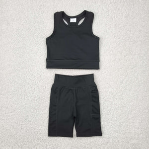 Solid Black Athletic Yoga Girls Shorts Sets