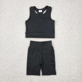 Solid Black Athletic Yoga Girls Shorts Sets