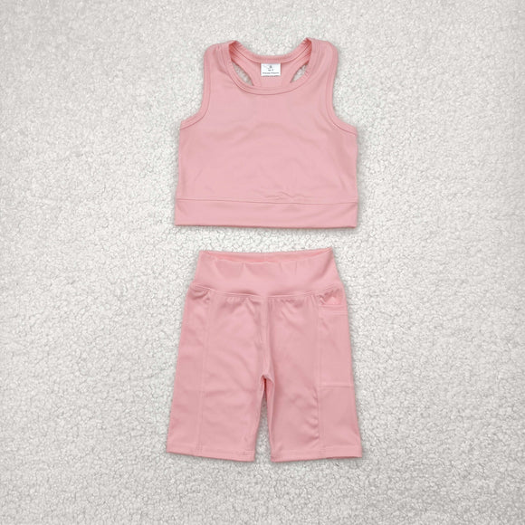 Solid Light Pink Athletic Girls Shorts Sets