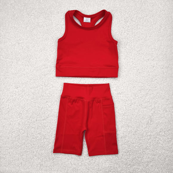Solid Red Athletic Girls Shorts Sets