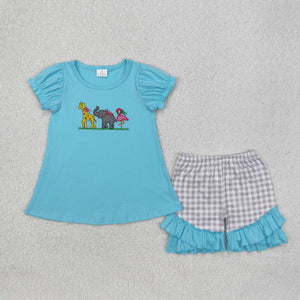 Giraffe Animals Plaid Blue Girls Shorts Sets