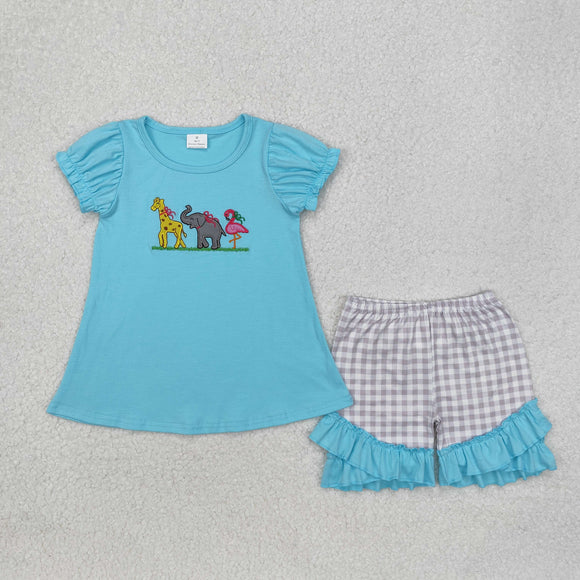 Giraffe Animals Plaid Blue Girls Shorts Sets