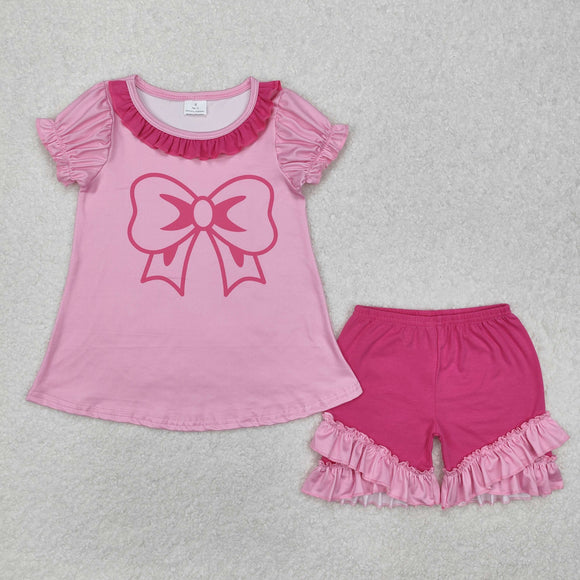 Bow Pattern Hot Pink Ruffles Girls Shorts Sets