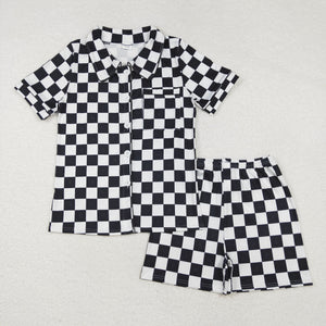 Adults Black White Plaid Women Short Sleeve Pajamas