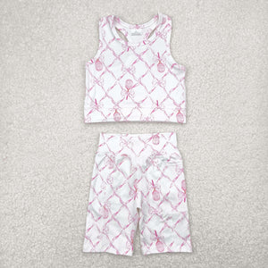 Racket Pink Bow Pattern Athletic Girls Shorts Sets