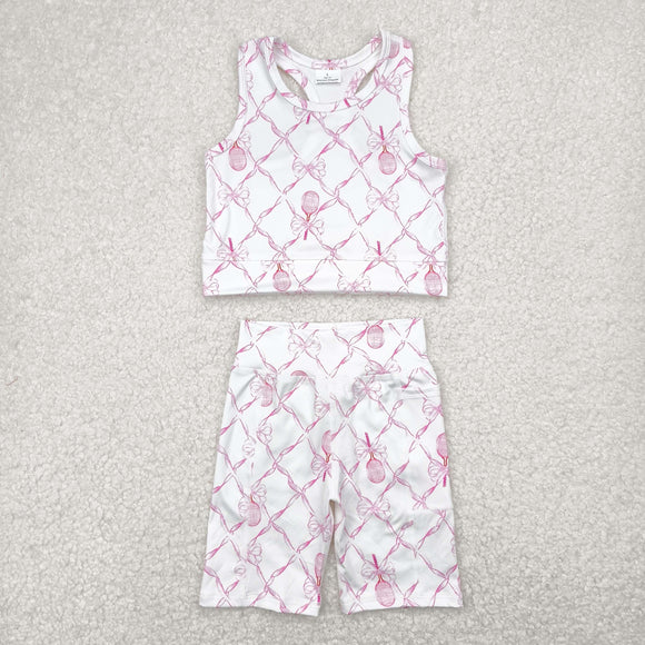 Racket Pink Bow Pattern Athletic Girls Shorts Sets