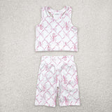 Racket Pink Bow Pattern Athletic Girls Shorts Sets