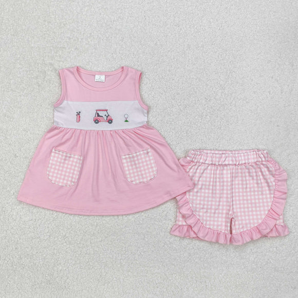 Golf Tour Van Plaid Pink Girls Shorts Sets