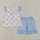 Blue Floral Bow Pattern Pink Plaid Girls Shorts Sets