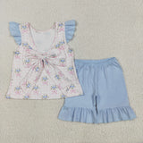 Blue Floral Bow Pattern Pink Plaid Girls Shorts Sets