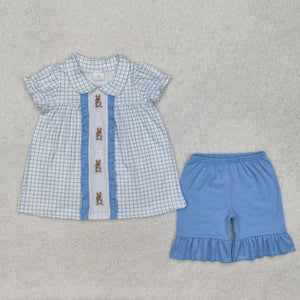 Bunny Blue Ruffles Plaid Girls Easter Outfits