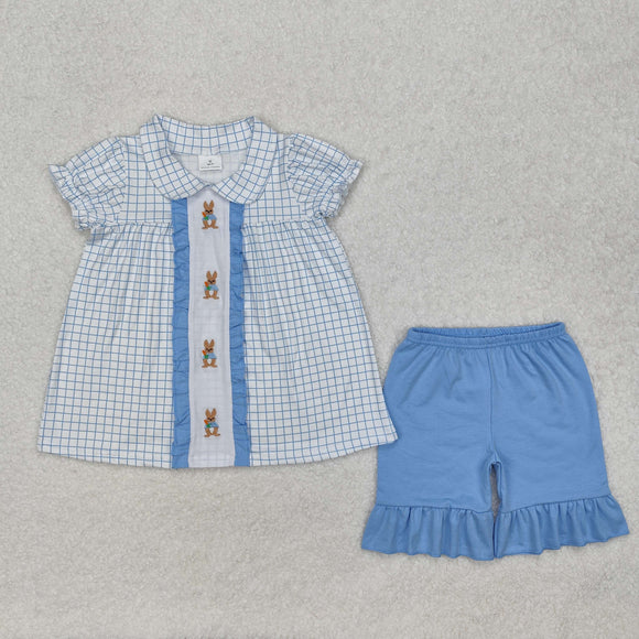 Bunny Blue Ruffles Plaid Girls Easter Outfits