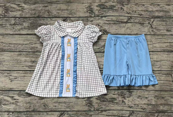 Pre-sale Bunny Blue Ruffles Plaid Girls Easter Outfits