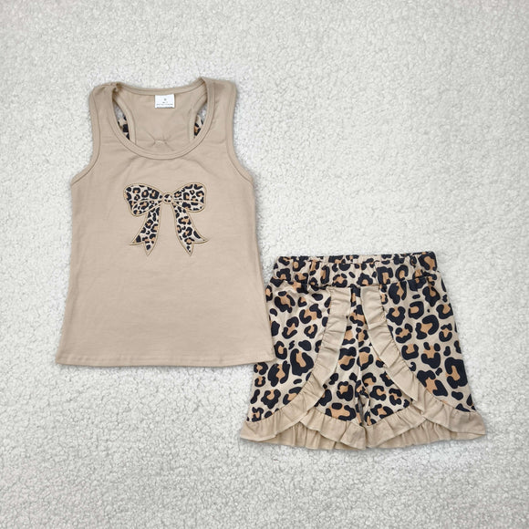Bow Embroidery Leopard Print Brown Ruffles Girls Shorts Sets