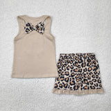 Bow Embroidery Leopard Print Brown Ruffles Girls Shorts Sets