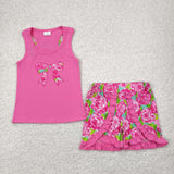 Bow Embroidery Floral Hot Pink Ruffles Girls Shorts Sets