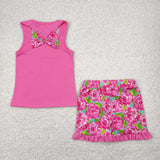 Bow Embroidery Floral Hot Pink Ruffles Girls Shorts Sets