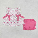 Pink Bows Pattern White Girls Shorts Sets