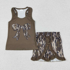 Camo Bow Pattern Green Girls Shorts Sets