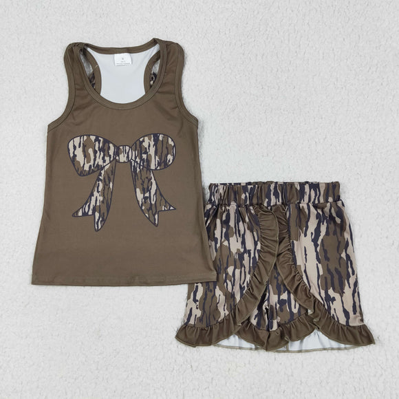 Camo Bow Pattern Green Girls Shorts Sets