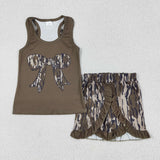Camo Bow Pattern Green Girls Shorts Sets