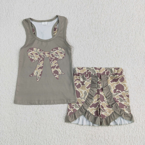 Camo Bow Pattern Army Green Girls Shorts Sets