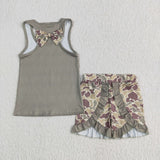 Camo Bow Pattern Army Green Girls Shorts Sets