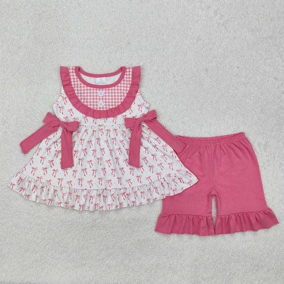 Bow Pattern Pink Plaid Girls Shorts Sets
