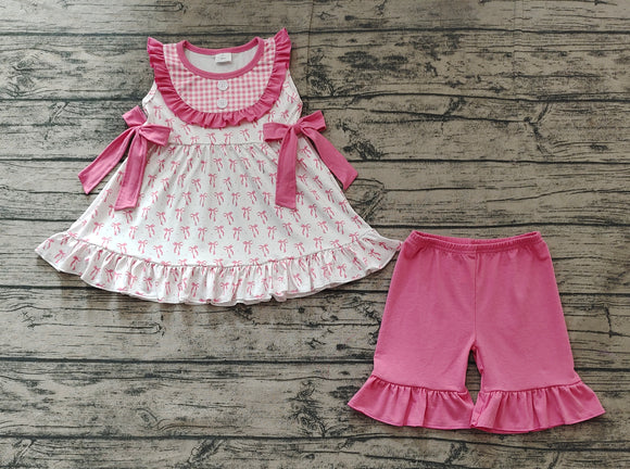 Pre-sale Bow Pattern Pink Plaid Girls Shorts Sets