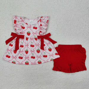 Fruit Strawberry Red Bows Pink Girls Shorts Sets