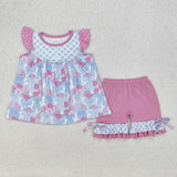 Floral Blue Bow Pattern Plaid Girls Shorts Sets