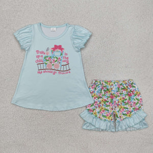 Train Floral Blue Girls Shorts Sets