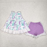 Mermaid Lace Ruffles Purple Girls Shorts Sets