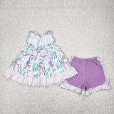 Mermaid Lace Ruffles Purple Girls Shorts Sets