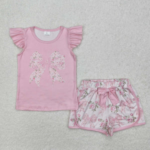 Floral Bow Pattern Pink Girls Shorts Sets