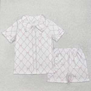 Adults Pink Bow Pattern White Women Short Sleeve Pajamas