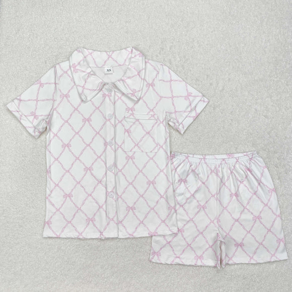 Adults Pink Bow Pattern White Women Short Sleeve Pajamas