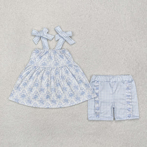 Floral Blue Plaid Girls Shorts Sets