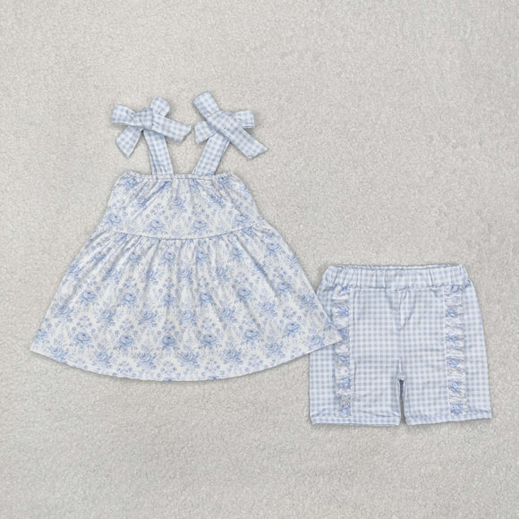 Floral Blue Plaid Girls Shorts Sets