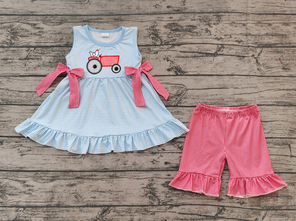 Pre-sale Chick Tractor Stripe Blue Red Bows Girls Shorts Sets