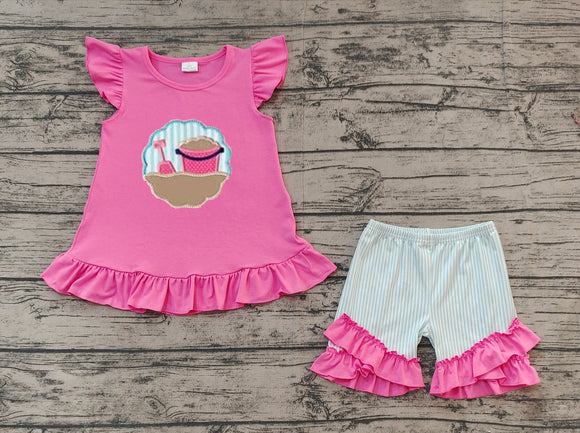 Pre-sale Beach Sand Bucket Stripe Hot Pink Girls Shorts Sets