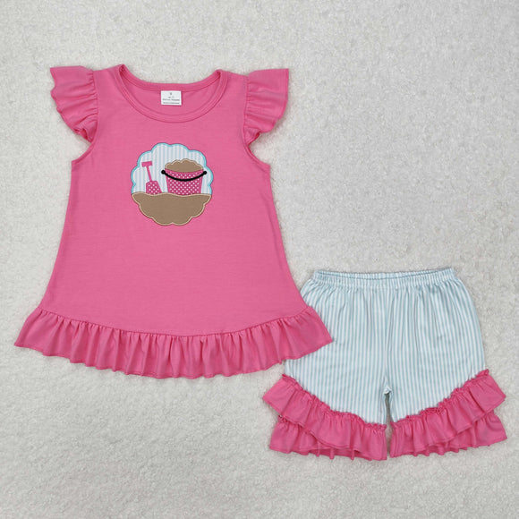 Beach Sand Bucket Stripe Hot Pink Girls Shorts Sets