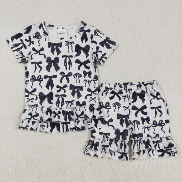 Black Bow Pattern White Girls Shorts Sets