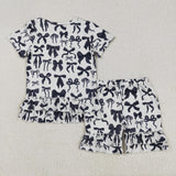 Black Bow Pattern White Girls Shorts Sets