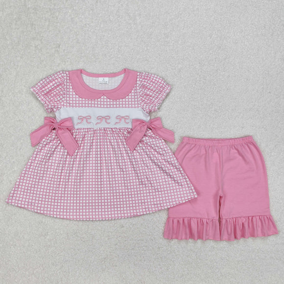 Bow Embroidery Pink Plaid Girls Shorts Sets