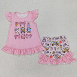 Bus Pencil Bow Pattern Pink Girls Back to School Outfits